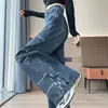 Calça Jeans Wide Leg Vintage Desgastada Lavada para Mulheres Outono/Inverno 2025 Cintura Alta Solta Emagrecedora Perna Reta Comprimento Total