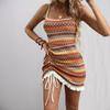 Amazon Verano Europeo y Americano Nuevo Caliente Cuello Cuadrado Tirante Raya de Color Falda de Punto Plisada Dulce Picante Espalda Descubierta Falda de Tirantes para Mujer