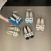 Zapatos planos de punta redonda con realce interior, satén azul suave y lazo de encaje para mujer, primavera 2025, zapatos de ballet Mary Jane