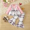 Roupa infantil de comércio exterior um lote de novo 2025 bebê meninas manga comprida alças falsas xadrez calça trompete terno
