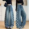 Jeans de Mujer con Estampado 3D Retro Americano, Cintura Alta, Adelgazantes, Pierna Ancha, Largo hasta el Suelo