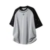 Camiseta de Manga Corta Raglán de Color Contrastante para Hombre, Estilo Verano, Estampado de Estrella y Letras, Camiseta de Algodón Puro Retro Americano Q