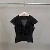 Blusa de Chiffon com Gola V, Mangas Curtas Bufantes, Estilo Francês, para Mulheres, 2026 Verão, Afina a Cintura, Renda, Top Cruzado