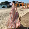 Jinenxin mesmo estilo * combinação de roupas dopamina * vestido vestido tie-dye degradê de cores doces listrado arco-íris com amarração no pescoço