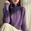 Cárdigan de punto con cuello semi-alto, cárdigan calado, prendas de punto para mujer, cárdigan suéter con cuello alto para exportación, camiseta básica para mujer, estilo coreano