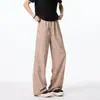Pantalones de seda helada con estampado tie-dye y efecto lavado a la tinta para hombre, pantalones casuales blancos finos de secado rápido con cordón ajustable para verano, pantalones rectos holgados de pierna ancha estilo americano.