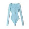 Body Sexy Ajustado Elástico Estilo Europeu e Americano com Zíper Parcial de Gola Quadrada Cor Sólida para Mulheres, Top Básico de Malha Canelada com Manga Longa