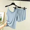 Traje de modal com alça feminina de verão plus size solto de cor sólida colete shorts pijama casual versátil fino conjunto de duas peças