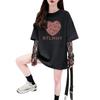 Playera de Algodón Puro Ins Sal Corazón Graffiti Falso de Dos Piezas para Mujer Nicho Hermoso Encaje Empalmado Holgada Cubre Vientre Top