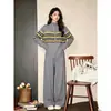 Cardigan de Tricô Color Block Listrado com Zíper Duplo Estilo Preguiçoso Solto Conjunto de Duas Peças Calças Wide Leg