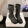 Hebilla de cinturón botas largas apiladas 2026 primavera y otoño nuevo estilo tacón grueso vintage desgastado de caña alta botas de caballero negro botas cortas