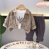 Traje Infantil Menino Primavera Lathers Veludo Cotelê Lathers 2025 Novo Masculino Estampado Integral Folha Roupa Conjunto de Três Peças
