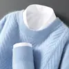 Suéter Básico de Lana Pura Nuevo para Otoño e Invierno para Hombre de Cuello Redondo Tejido de Punto Jacquard de Espiga Doce Agujas Suéter de Manga Larga