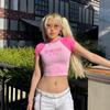 2023 Hot Girls Verão Nova Cor Rosa Contraste Slim-fit Curto Carta Estrela Impresso Umbigo T-shirt para Mulheres