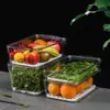 Caja transparente con tapa para conservar la frescura tipo tabla de madera, plástico PET con drenaje, caja de almacenamiento de cocina portátil, caja de almacenamiento para dumplings y verduras