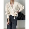 Cardigan Corto de Punto para Mujer con Cuello en V y Lazo, Chaqueta de Punto con Diseño