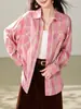 Camisa de cuadros clásica holgada para mujer, top con cuello, ambiente artístico estilo coreano