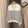 25 Nuevos Estilos de Otoño e Invierno ~ ¡Simples y a la Moda! Yodo Sol de Mar Jersey de Rayas Horizontales Solapa Francesa Manga Larga Camisa Top para Mujer