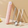 Set de cubiertos portátil de acero inoxidable con cucharas creativas lindas de pata de gato, palillos, tenedores y caja de almacenamiento simple