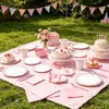 En Stock Encaje Borde Rosa Fiesta de Cumpleaños Platos de Papel Vajilla Desechable Platos de Papel Vasos de Papel Servilletas de Papel Cuchillo Tenedor Cuchara Suministros