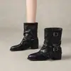 Botas de tacón grueso estilo western retro con punta redonda y punta fina, fruncidas en la pantorrilla, con hebilla, para mujer, zapatos individuales, nueva colección primavera y otoño 2026