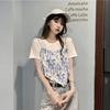 Diseño estilo deseo puro sentido de la moda nicho teñido anudado de manga corta tejido para mujer falso dos piezas irregular chic top corto verano Nuevo