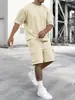 Moda Casual Esportiva de Verão Transfronteiriça Terno Masculino Manga Curta Shorts Confortável Secagem Rápida Cor Sólida Conjunto de Duas Peças