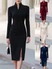 Venda Quente Transfronteiriça Vestido Preto de Gola Alta Manga Longa Feminino Slim Fit Justo no Quadril Comprimento Médio Fenda Vestido de Festa Peça Única Saia
