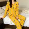 Pijama de Papai Noel Atacado Feminino Gola Redonda Manga Longa Calças Desenho Animado Estilo Fofo Conjunto de Roupas de Casa para Menina