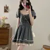 Vestido largo de verano para mujer, estilo universitario, con retazos de encaje, cuello alto cuadrado, cintura entallada, rejuvenecedor, línea A, petite