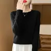 Suave con la piel, 100% transpirable, suéter de punto clásico de cuello redondo para mujer de primera línea, estilo lana otoño/invierno, rosa elegante