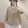 Nueva Camisa de Algodón y Lino Bordada Retro China para Mujer Verano Nueva Artística Manga de Cinco Puntos Delgada Transpirable Top