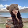 Gorro de Lana de Oso para Mujer 2024 Cálido Peludo Circunferencia de Cabeza Grande Tejido Cubre Cabeza para Otoño e Invierno