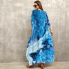 Vestido Longo Azul Estampado Boêmio Estilo Europeu e Americano Vestido de Praia Casual para Férias Proteção Solar