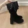 Botas holgadas de gamuza color caqui estilo coreano más vendidas 2026 Nuevo estilo Otoño/Invierno Plegables de doble uso Tacón grueso Cremallera lateral Botines