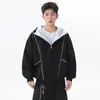 Otoño Invierno Moda Retro para Hombre Color Sólido Versátil Sudadera con Capucha Cárdigan Estilo Perezoso Artístico Holgado Costuras de Contraste Chaqueta con Cremallera