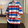 Camiseta de manga corta a rayas retro de estilo americano para hombre, camiseta de verano para adolescentes con cuello redondo, camiseta de cinco mangas de marca de moda que combina con todo.