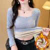 Tops Calientes para Mujer en Otoño e Invierno, Terciopelo Engrosado, Mangas Largas, Lazos Cuadrados, Almohadillas en el Pecho, Ropa de Otoño, Camisas para Capas Interiores, Tops Exteriores