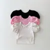 Ropa de Verano para Bebés y Niñas Estilo Coreano Top Casual de Algodón con Tirantes Cruzados y Mangas Abullonadas Camiseta Dulce de Manga Corta