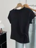 Algodão Macio Gelado Elástico Fluido~Macio Pegajoso Pregueado Torcido Fenda Lateral Gola Redonda Ombro Normal Manga Curta Camiseta Feminina Verão Top Básico