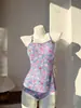 Flor do Sul da França Mensagem Traje de Banho Esportivo Triângulo Costas Nuas Camada Dupla de Treinamento para Mulheres, Modelo Popular