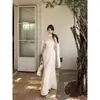 Cubierta sexy de gasa francesa de verano para protección solar + Vestido largo bodycon de un hombro que ajusta la cintura para adelgazar para mujer
