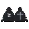 Nuevo modelo ERD: Estilo rico y desgastado, cuello abierto con cremallera, estampado de pines y letras, chaqueta sudadera con capucha unisex