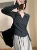 Suéter preto estilo japonês para mulheres, estilo básico outono e inverno, justo ao corpo, elástico, macio e aconchegante, gola polo, camada base de tricô