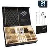 Conjunto de Talheres de Aço Inoxidável 1010 Transfronteiriço 24 Peças Garfo Faca Colher Utensílios Domésticos Estilo Ocidental Faca de Bife Garfo Colher Colher de Chá Caixa de Presente