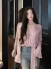 Blusa Feminina de Chiffon com Estampa Floral Roxa, Decote V, Manga Longa, Estilo Coreano Primavera, Solta Suave, Emagrecedora, Curta Petite