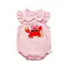 Roupas para Recém-Nascidos Transfronteiriças, Estilo Verão Fino, Macacão com Bordado de Caranguejo para Bebê Menina, Body Rosa de Flanela com Gola Reversível de Manga Curta