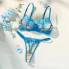 Conjunto de lencería sexy push-up de encaje estilo uniforme de venta cruzada europea y americana en azul pavo real 26057