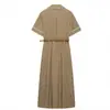 Moda europea y americana transfronteriza para mujer, popular en AliExpress, elegante vestido midi con cinturón y detalles de color contrastante