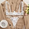 Suministro Exclusivo Transfronterizo de Conjunto de Lencería Morada de Encaje Transparente con Aros y Diseño Calado, Sujetador Sexy para Citas, Body Entero al por Mayor Qqny